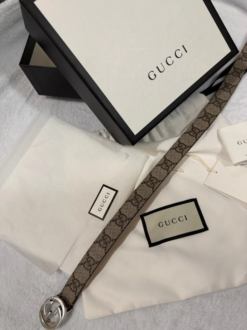 Gucci Kids Brown Supreme Canvas Belt with Silver Double G Buckle